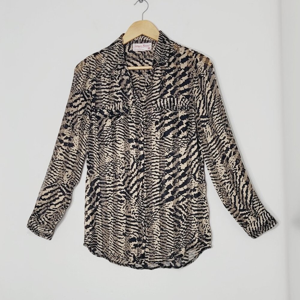 Tango Mango Women's Black & Tan Leopard Print Collared Button Down Shirt Size XS